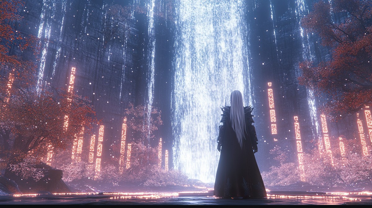 A person with long silver hair stands before a glowing waterfall in a mystical forest.