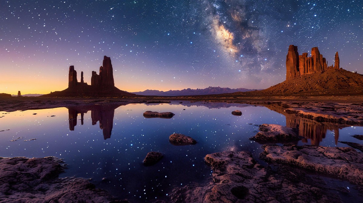 Reflective pools under starlit sky