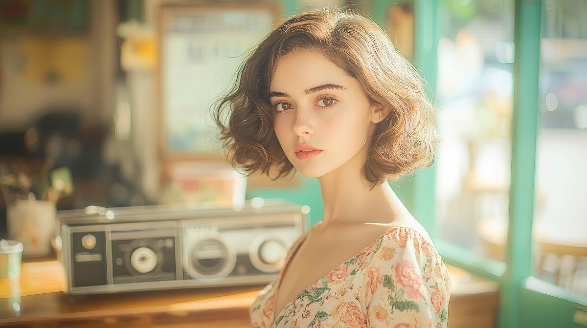 Girl with curly brown hair in a floral dress beside a vintage radio.