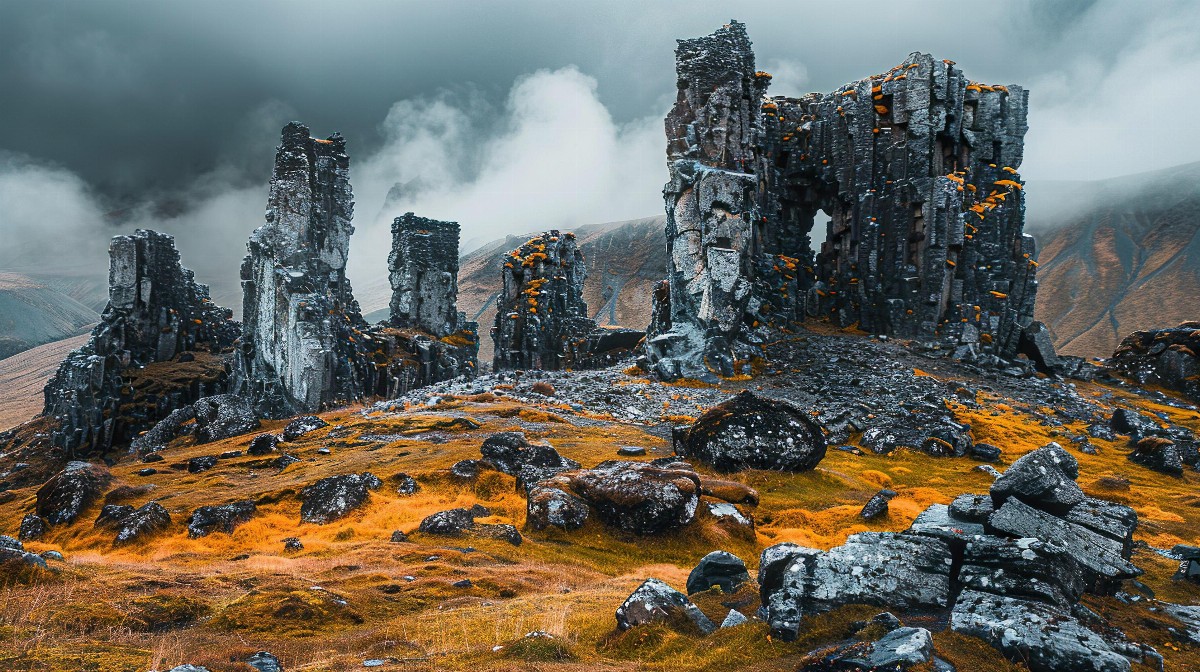 Ancient ruins in a misty landscape