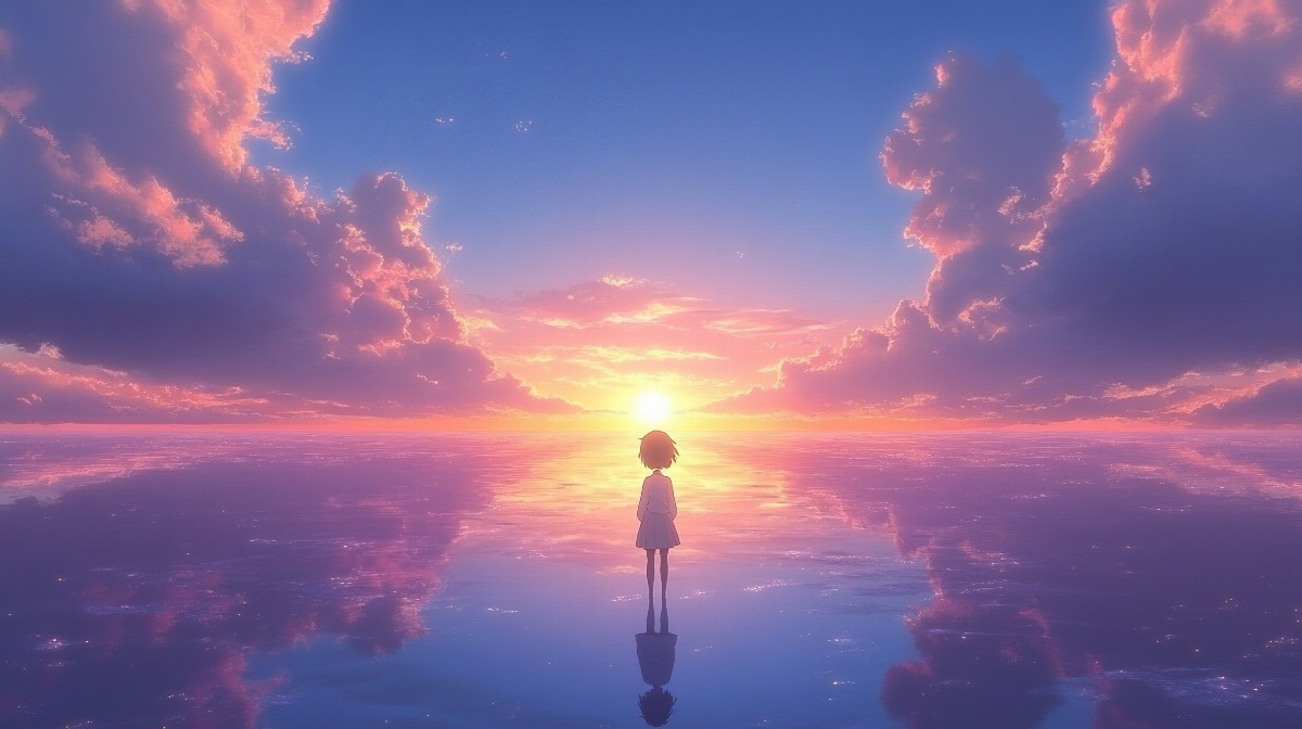 Anime scene of a sunset over the ocean with a lone silhouette.