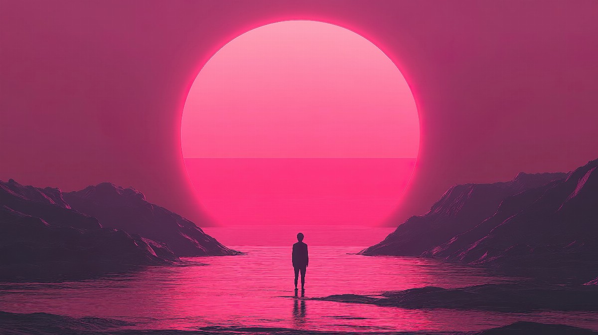 Anime sunset over the ocean with a silhouette of a person standing.
