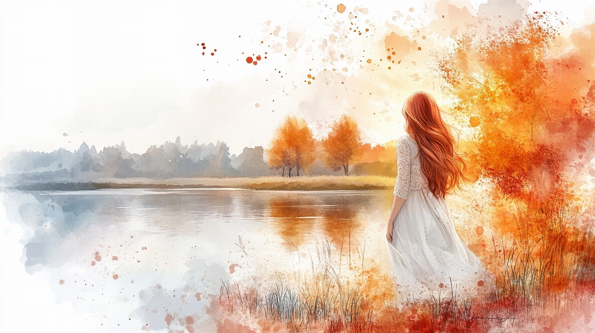Illustration of a girl with long hair standing by a lake with autumn trees.