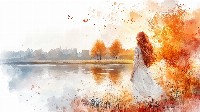 Serene Autumn Reflection A Girl By The Lake Wallpaper