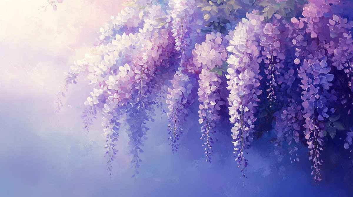 A delicate painting of pale wisteria flowers cascading gracefully.