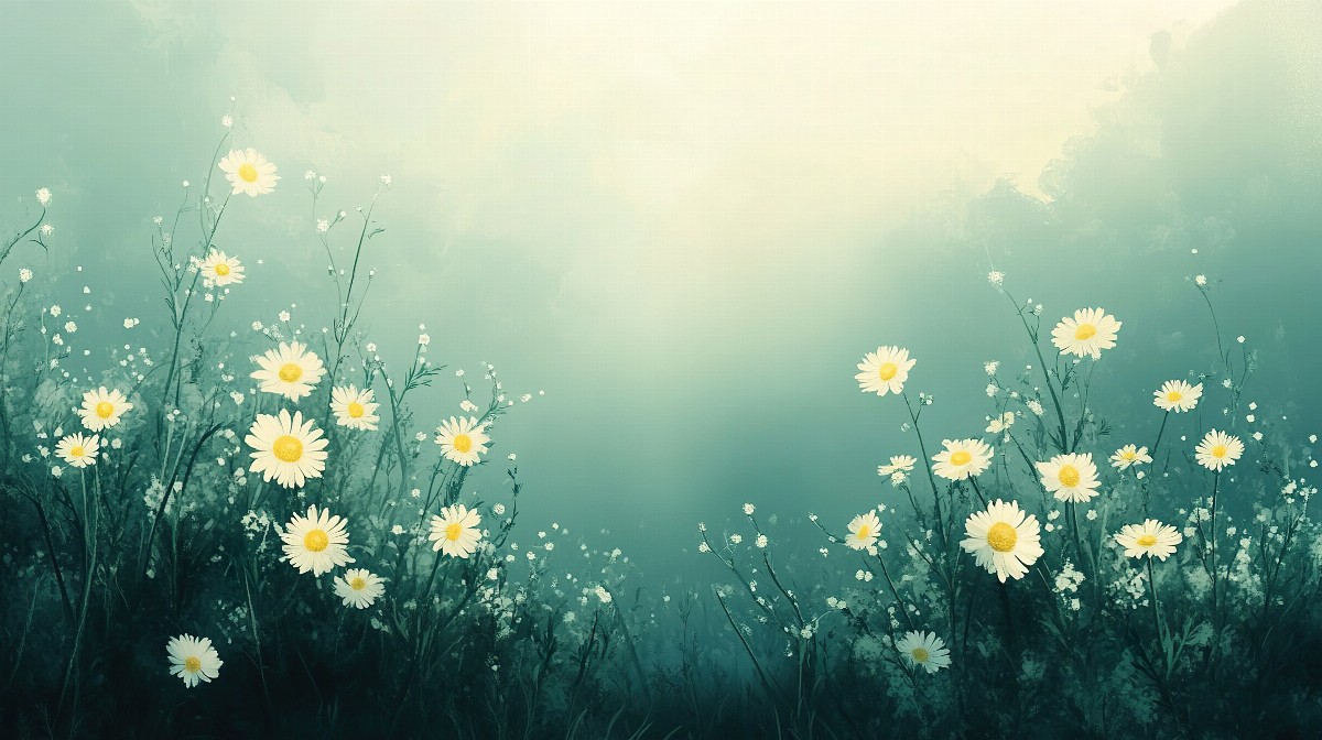 Illustration of chamomile flowers swaying in a misty landscape.