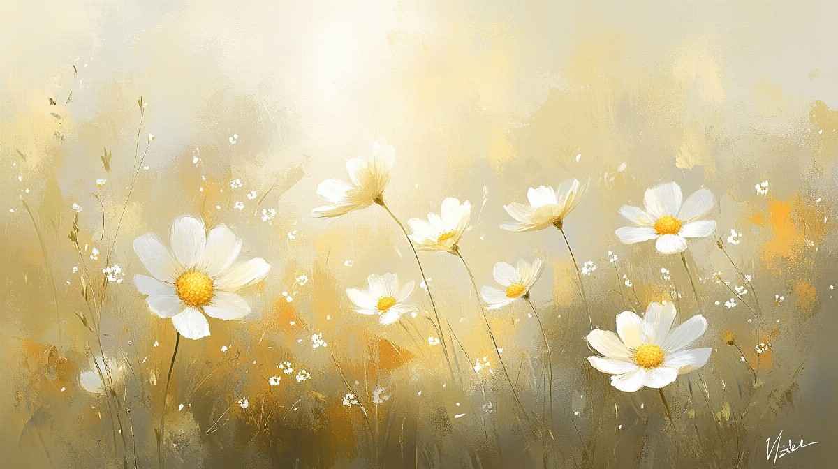 Illustration of chamomile flowers swaying in a light, moody setting.