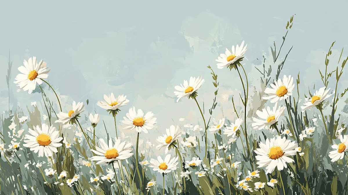 Illustration of chamomile flowers swaying in a field.