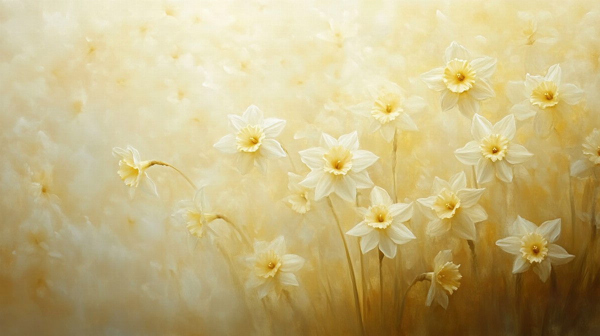 A painterly depiction of daffodils in very pale yellow tones.