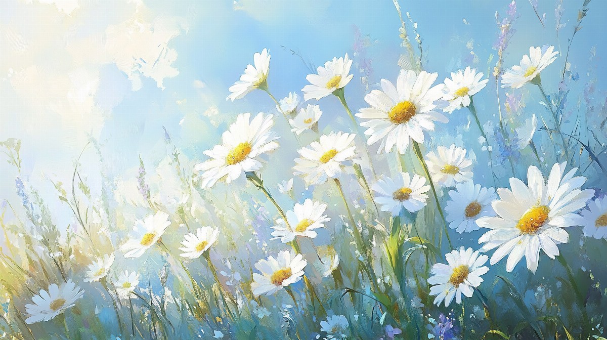 Painting of white daisies with dew on a warm, soft background.