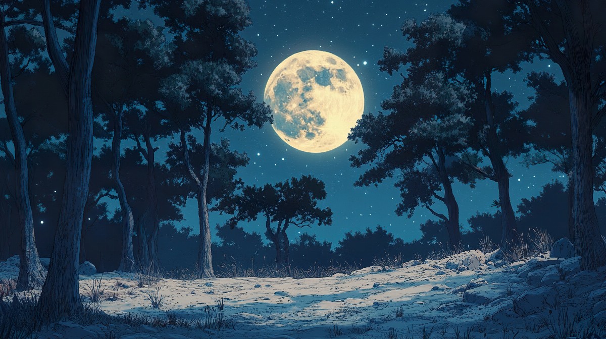 Forest clearing illuminated by a full moon with starry night sky.