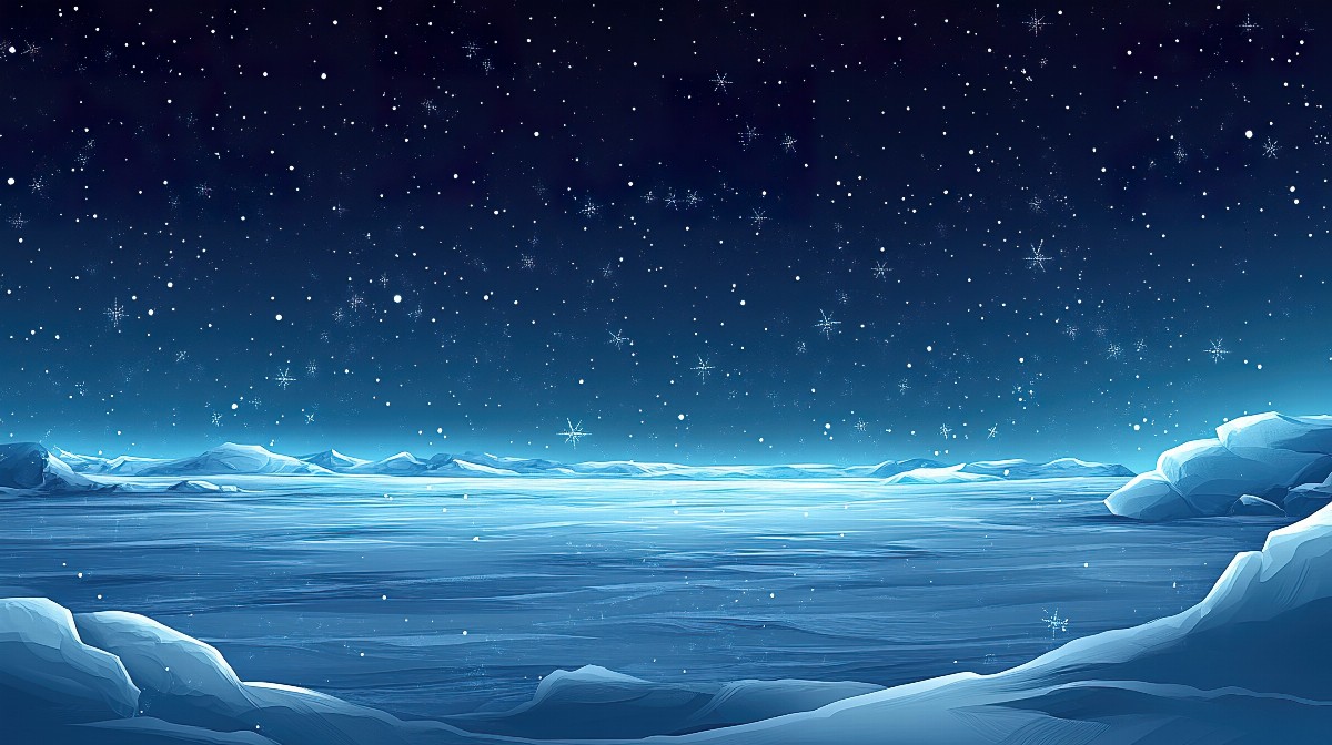 Illustration of a frozen lake under a starry night sky with distant mountains.
