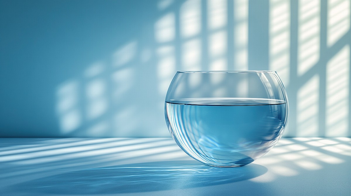 Glass vase half-filled with water on a sunlit surface.