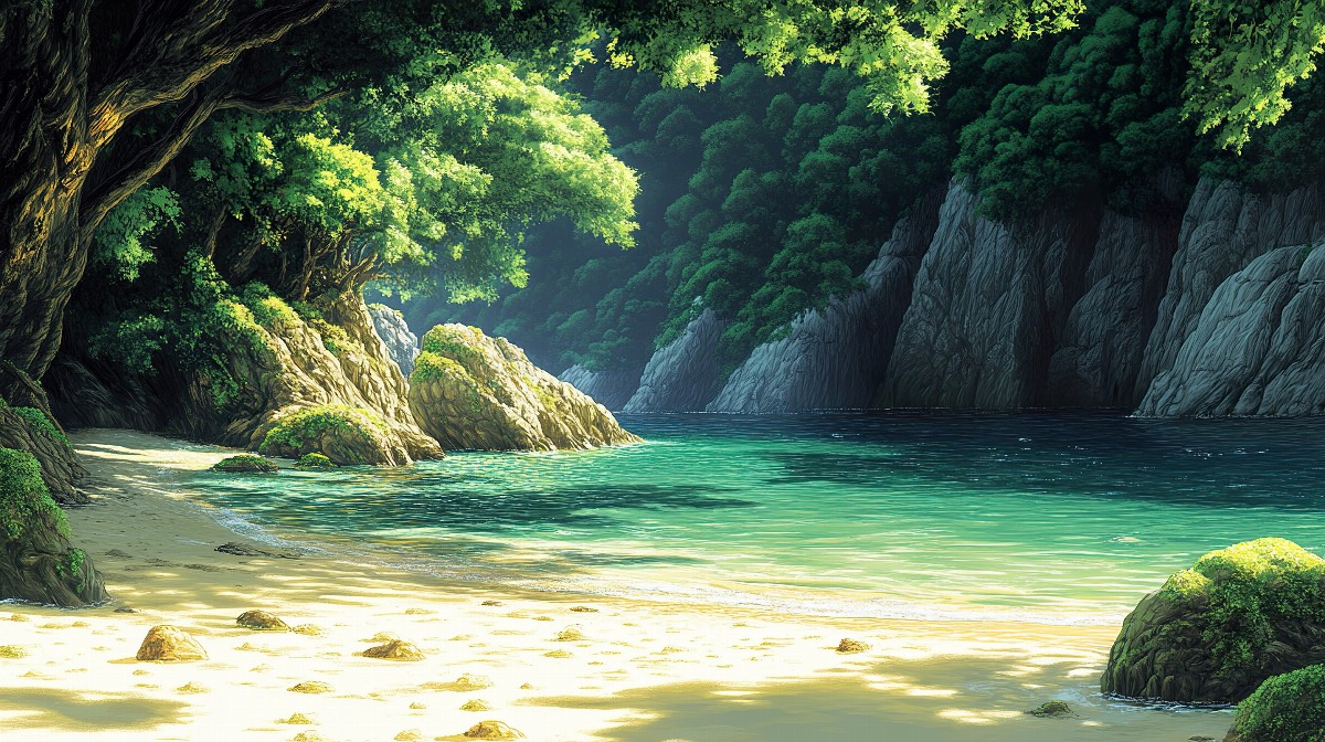 A tranquil hidden cove with clear water, surrounded by lush greenery and rocky cliffs.