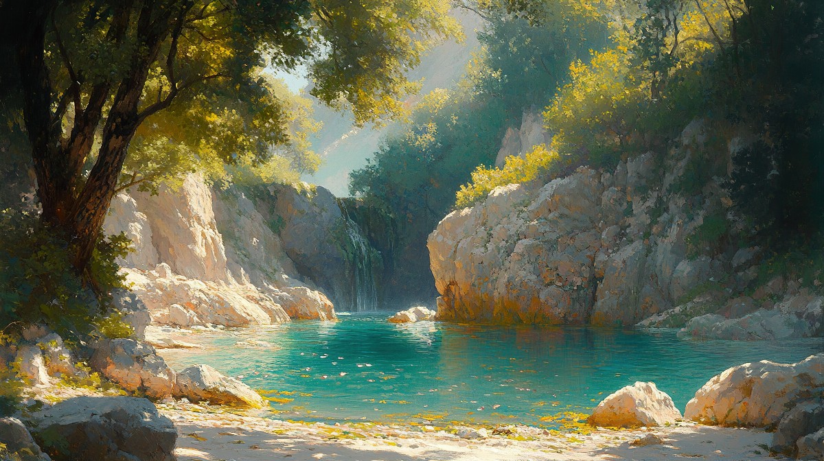 A tranquil hidden cove with crystal-clear water surrounded by rocky cliffs and lush trees.