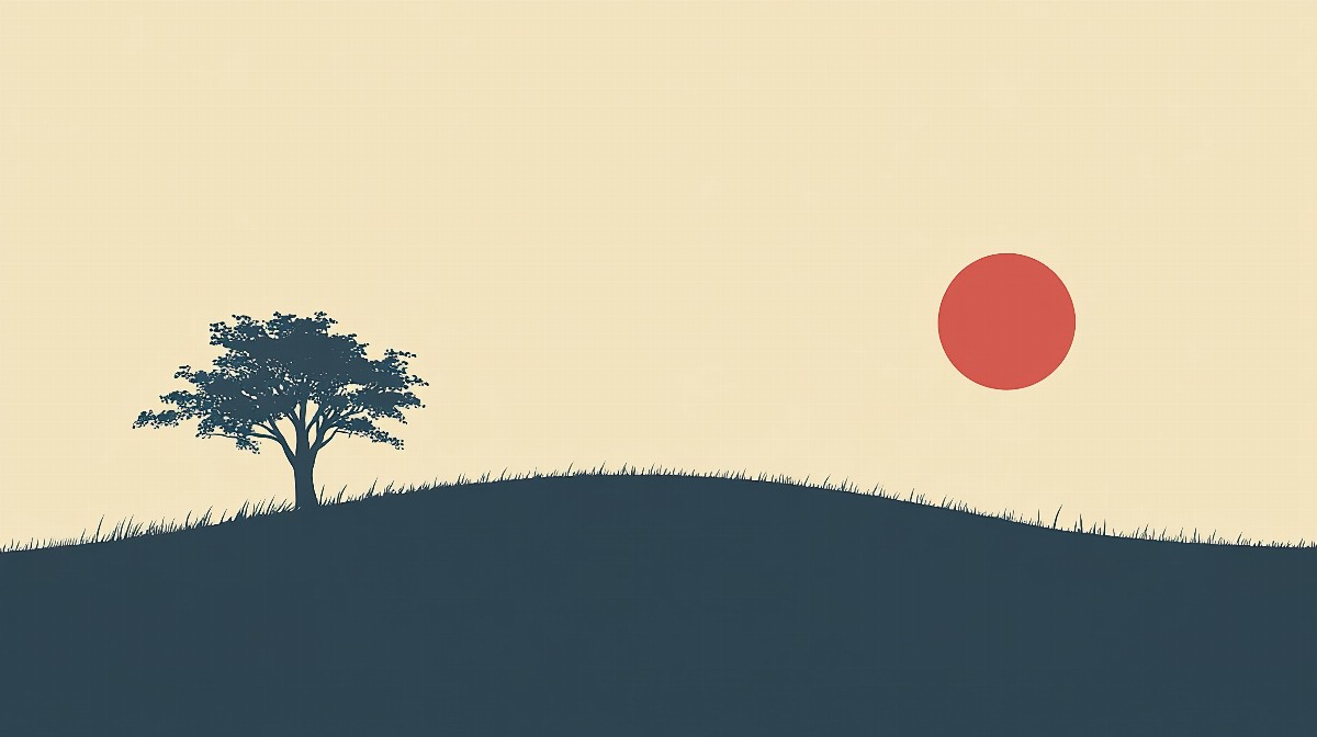Illustration of a hill with a single tree and a red sun in the sky.