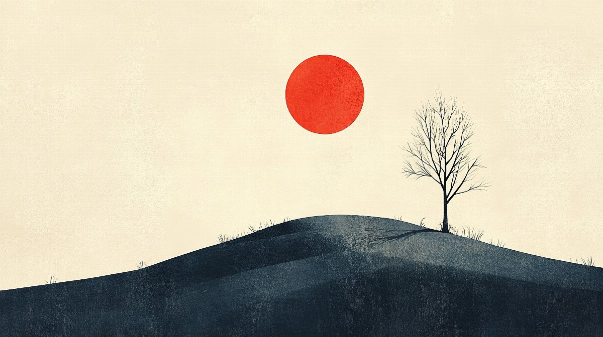 Illustration of a hill with a single tree and a red sun.