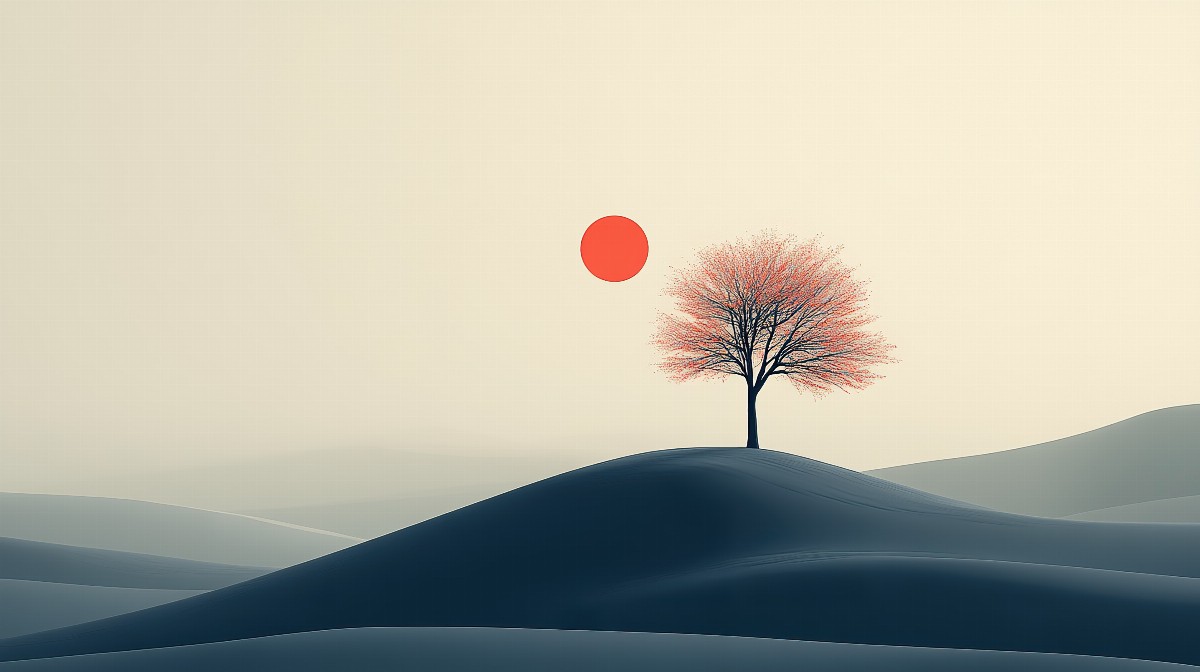 Illustration of a single tree on a hill with a sun in the sky.