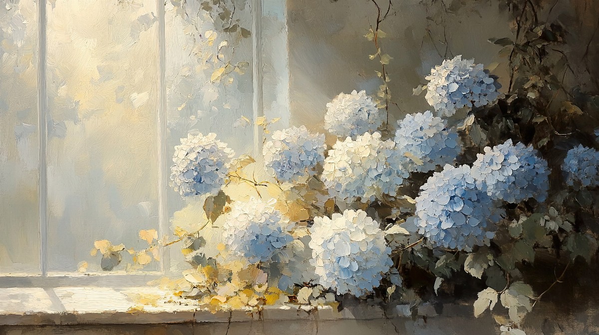 Painting of ivory and pale blue hydrangeas in soft light by a window.