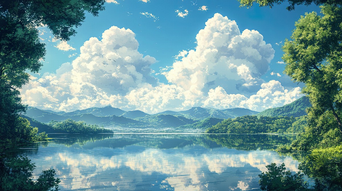 A serene lake with fluffy white clouds reflected on its surface, surrounded by lush greenery and distant mountains.