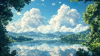 Serene Lake With Fluffy Clouds Reflected Wallpaper