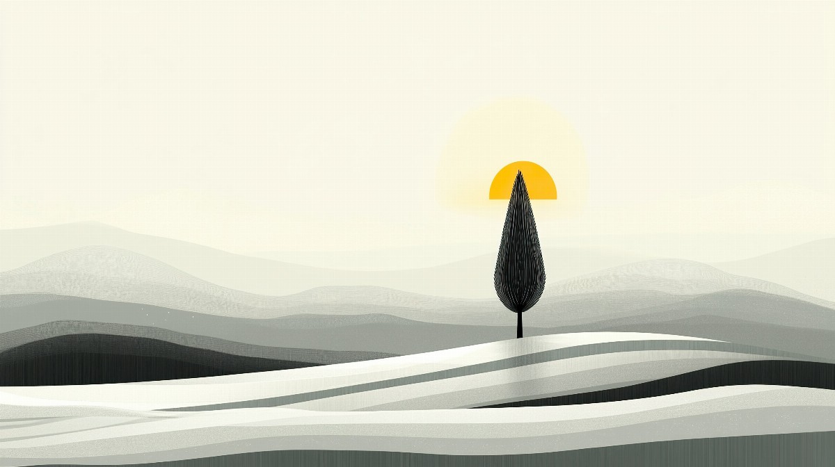 Illustration of a single tree on hills with a sun in the background.