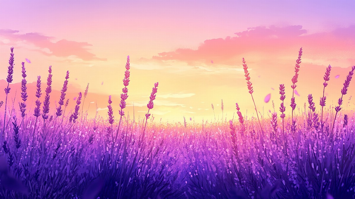 Lavender fields stretching towards a colorful sunset sky.