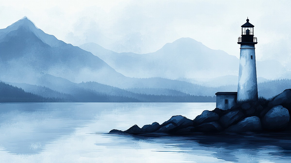 Illustration of a solitary lighthouse on a rocky shore with misty mountains in the background.