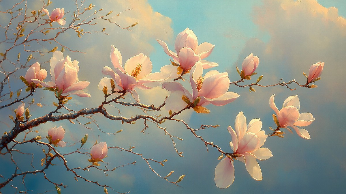 Magnolia blossoms on branches against a soft, cloudy sky.