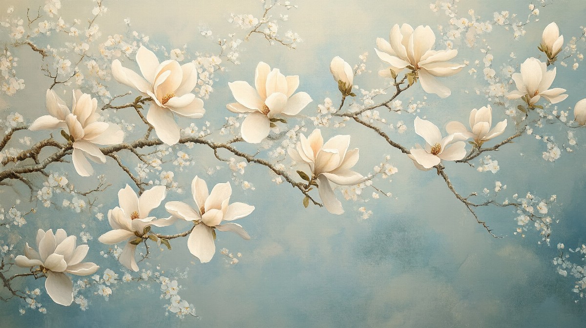 A gentle painting of magnolia blossoms on twisting branches against a soft blue sky.