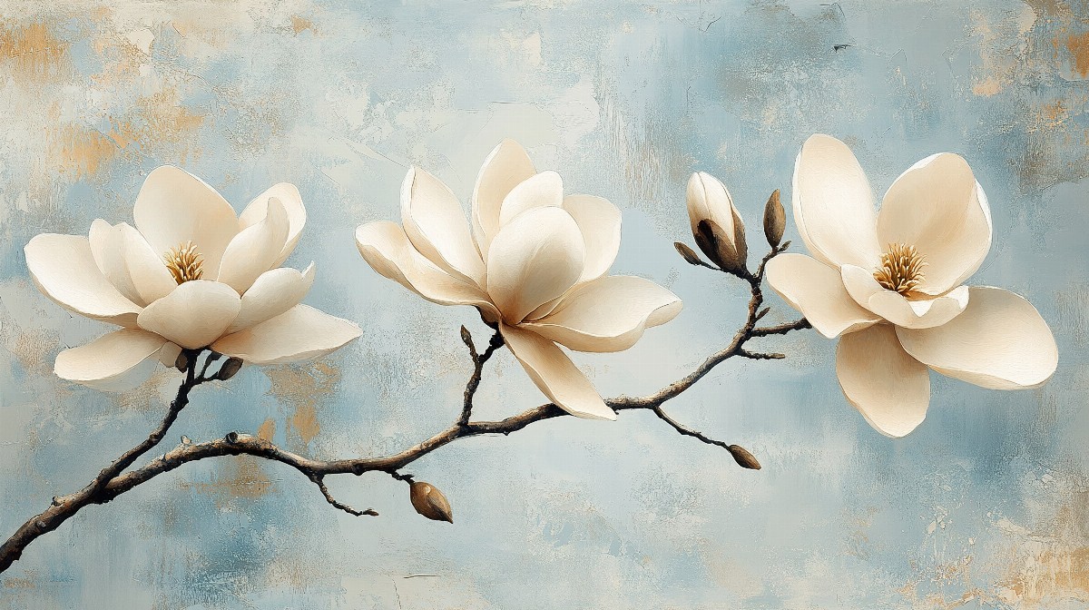 Painting of magnolia blossoms on a twisting branch against a textured background.