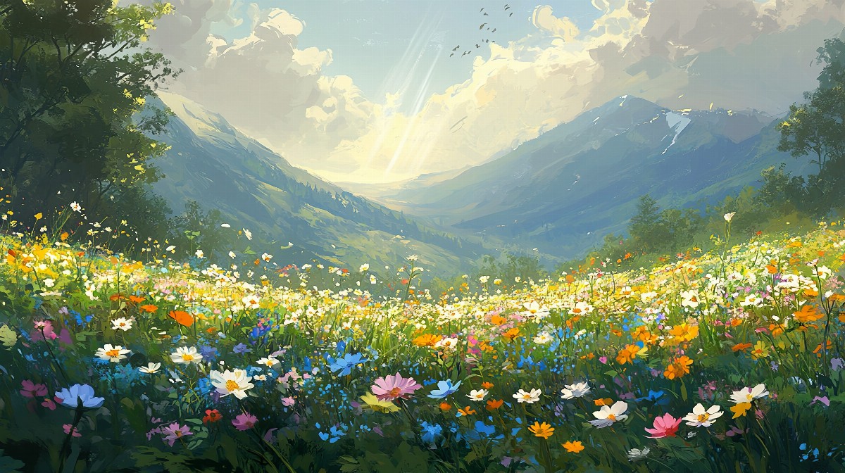 A vast meadow filled with colorful wildflowers under a bright sky with mountains in the background.
