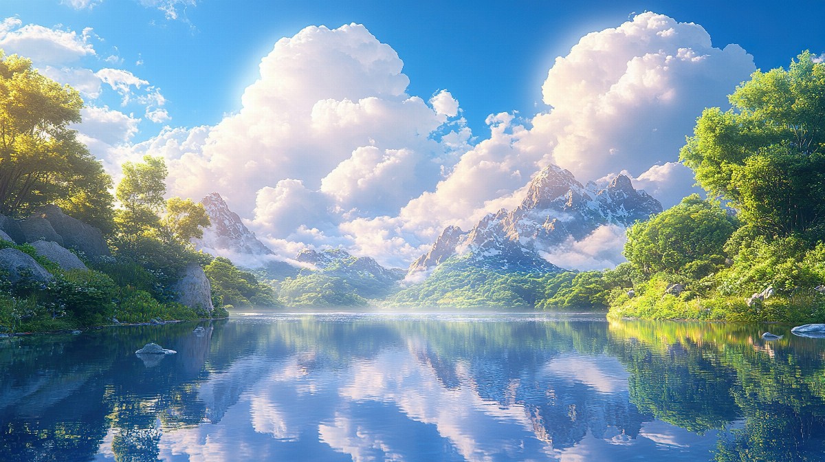 Mountain landscape with fluffy white clouds reflected on a lake.