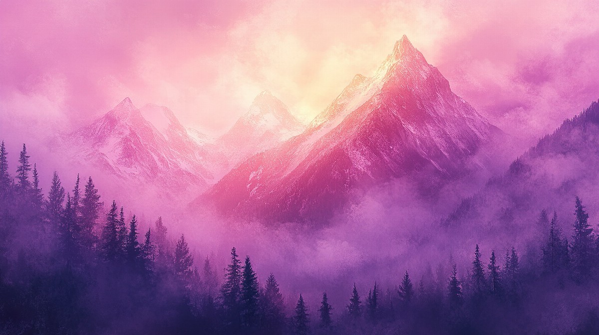 Mountain peaks at dawn with mist and warm colors
