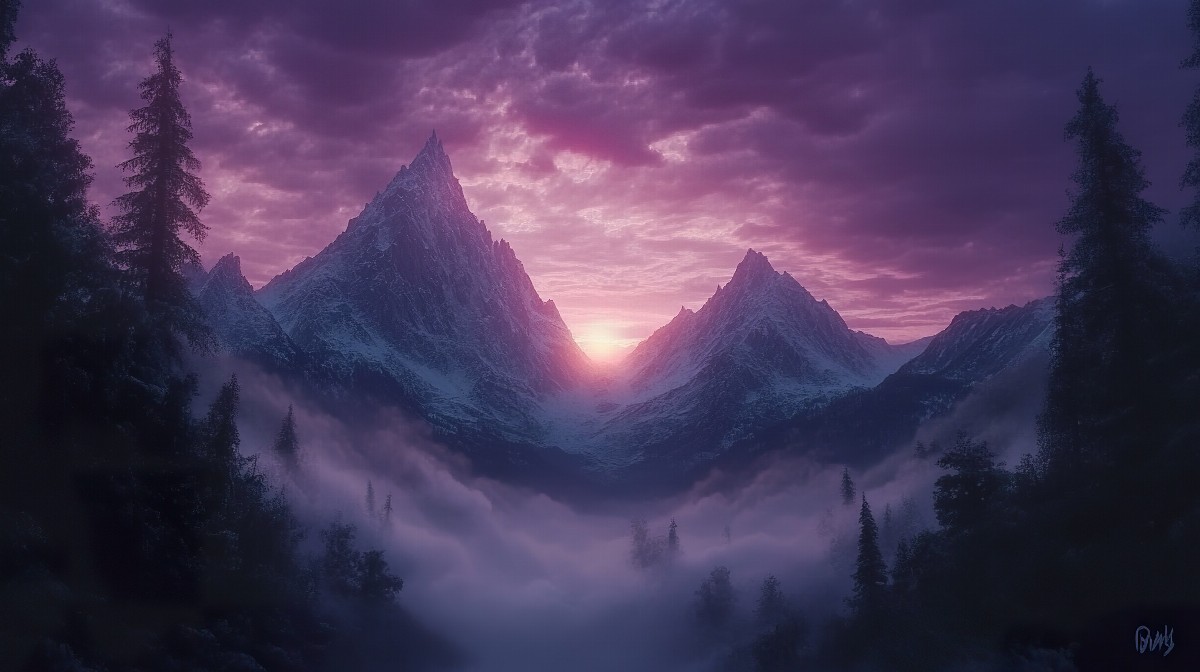 Mountain peaks at dawn with mist in the valleys and a colorful sky.
