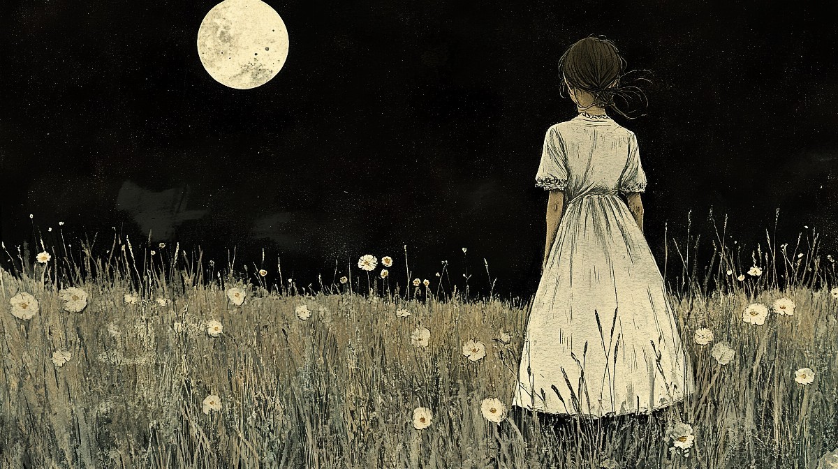 Girl in a velvet dress walking in a moonlit field with flowers.