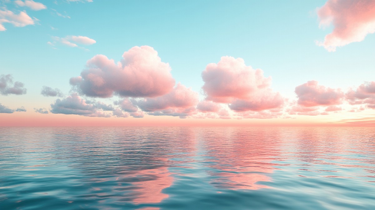 Ocean horizon with soft pink clouds in a clear sky.