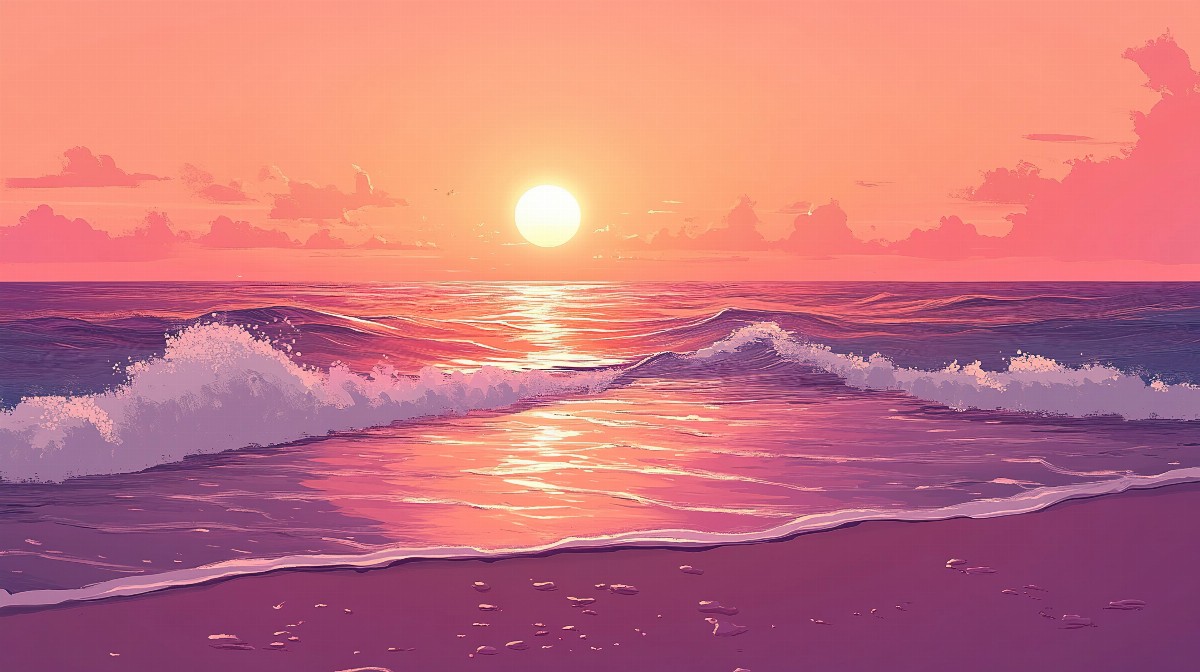 Illustration of a calm ocean at sunset with soft orange hues and gentle waves.