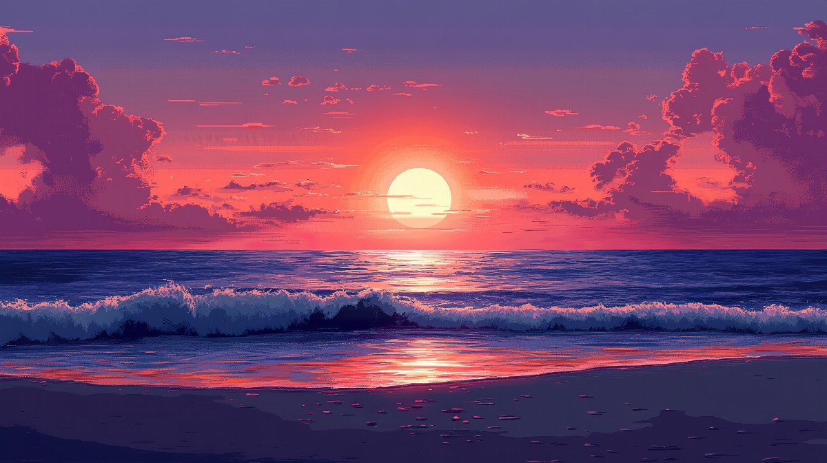 Illustration of a calm ocean at sunset with soft orange and pink hues.