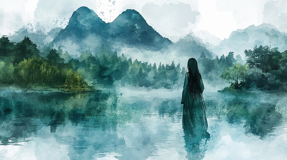 Illustration of a girl with long hair standing by a misty lake with mountains in the background.