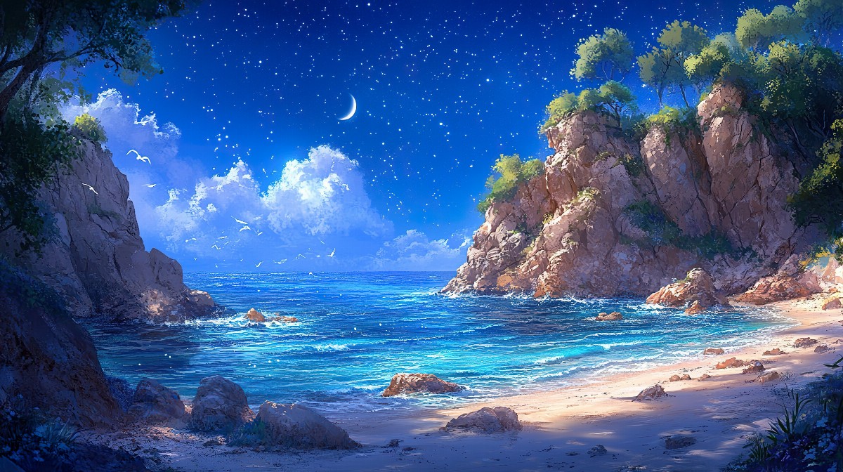 Illustration of a rocky cliff overlooking a calm ocean under a starry night sky.