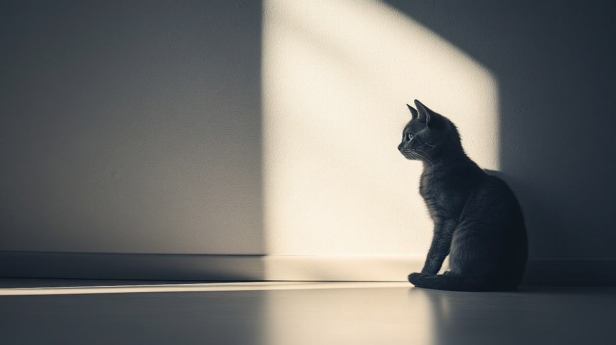 Black cat sitting in sunlight casting a shadow on the wall.