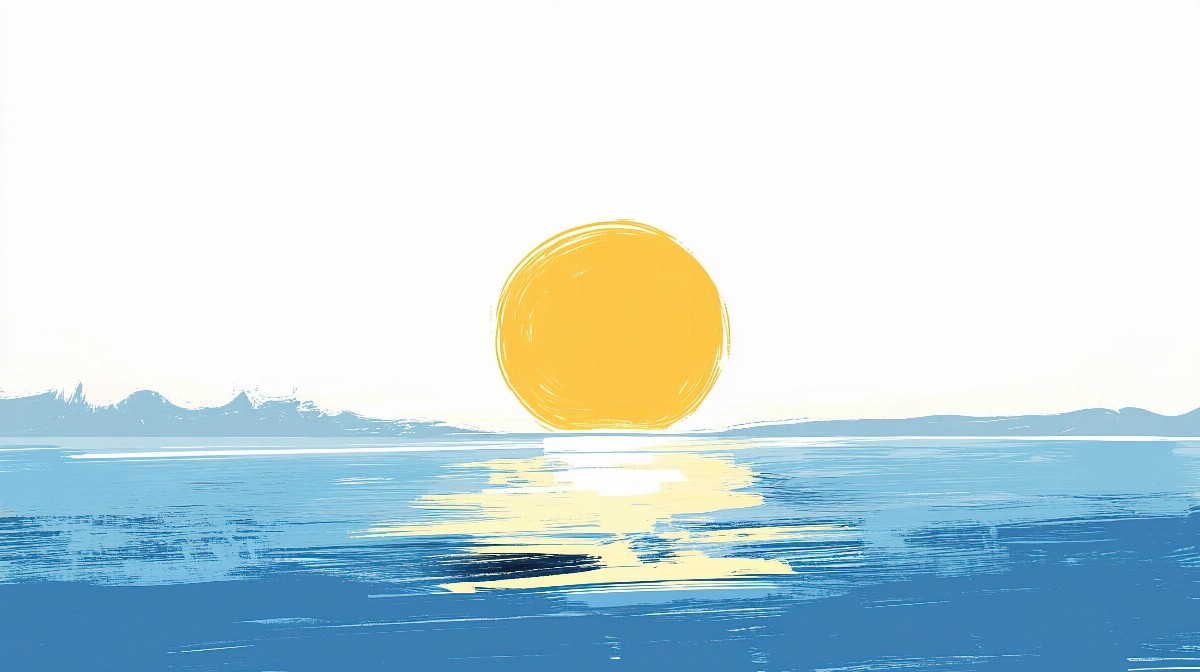 Artistic illustration of a yellow sun rising over a blue ocean.