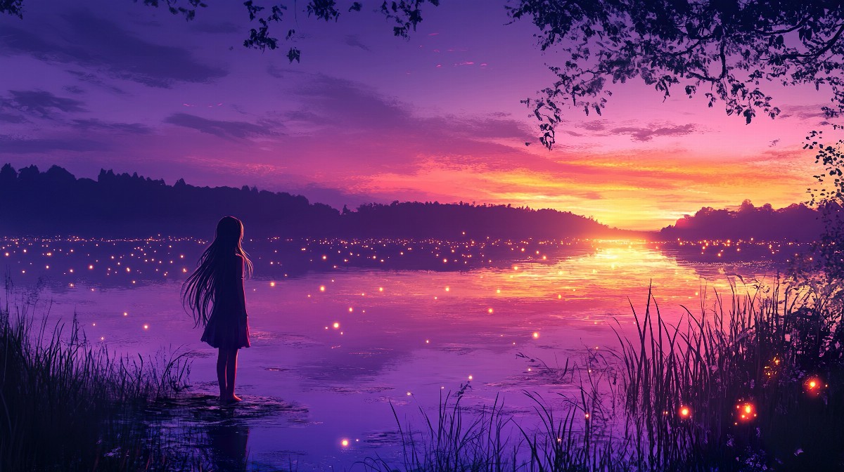 Girl with long hair standing by a lake at sunset with glowing lights.