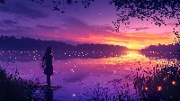 Serene Sunset By The Lake With A Girl Silhouette Wallpaper