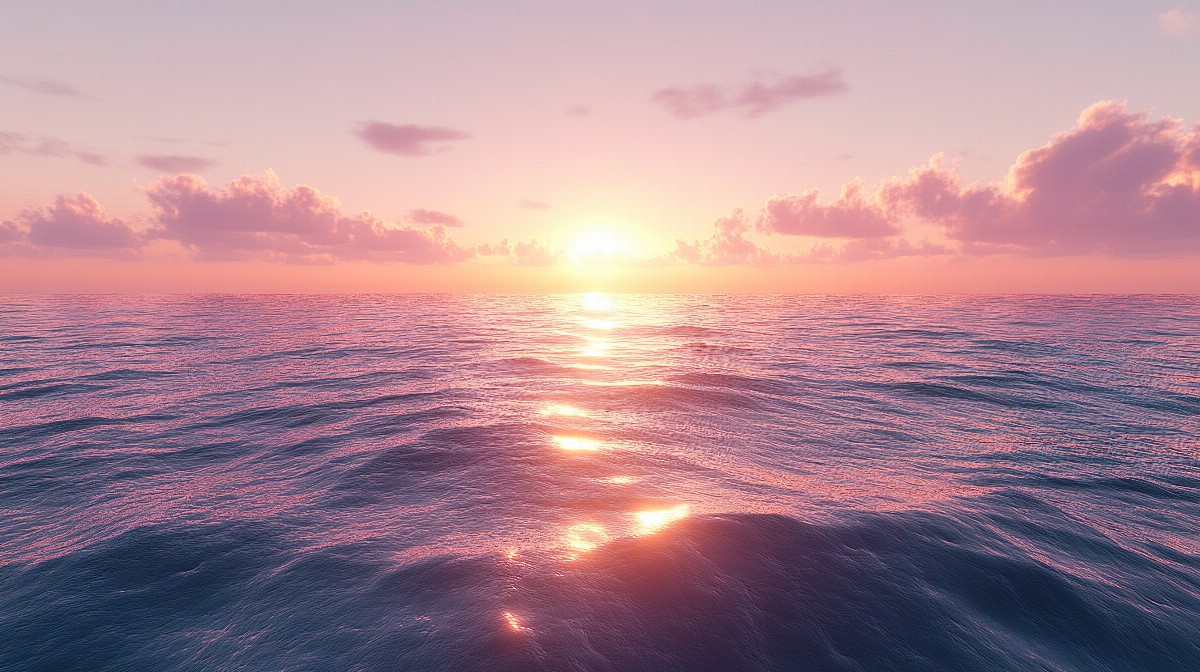 Sunset over a calm ocean with gentle waves and a colorful sky.