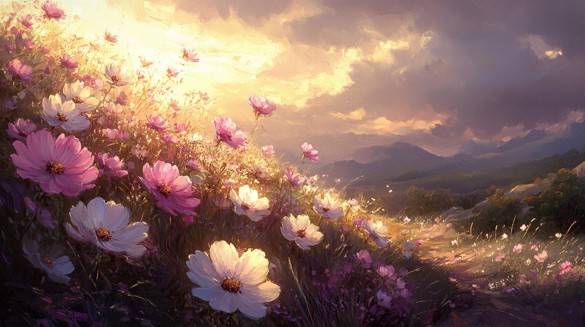 A moody painting of pink and white cosmos flowers in a field at sunset.