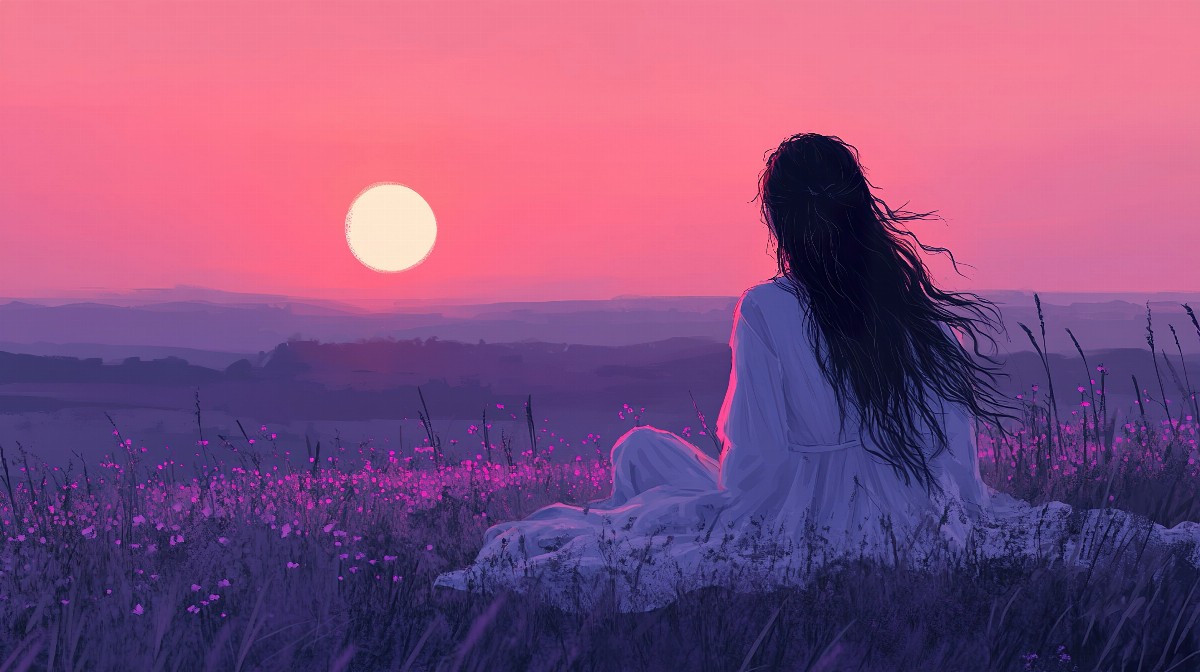 Girl with flowing hair sitting in a field, watching a sunset.