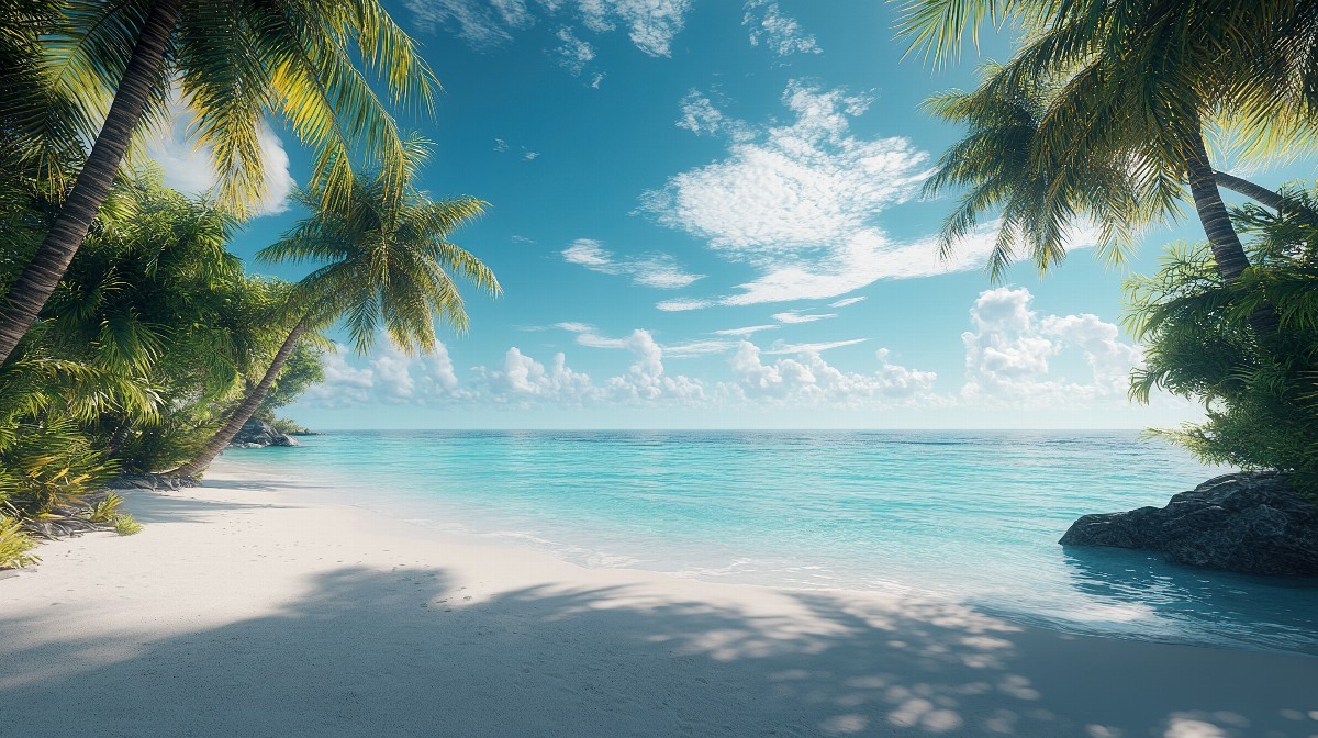 Tropical beach with white sand, palm trees, and blue ocean.