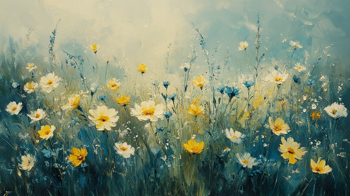 A light, moody scene of assorted wildflowers in pale yellow and blue.